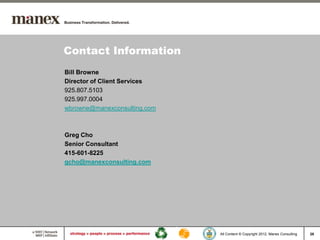 Contact Information
Bill Browne
Director of Client Services
925.807.5103
925.997.0004
wbrowne@manexconsulting.com



Greg Cho
Senior Consultant
415-601-8225
gcho@manexconsulting.com




                              All Content © Copyright 2012, Manex Consulting   28
 