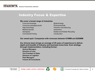 Industry Focus & Expertise
• We cover a broad range of industries
  •   Food and beverage               •   Biotechnology
  •   Consumer packaged goods         •   Pharmaceuticals
  •   High technology                 •   Precision manufacturing
  •   Medical devices                 •   Automotive
  •   Aerospace                       •   Rubber and Rubber Recycling
  •   Commercial Printing             •   Construction


• Our sweet spot: Companies with revenues between $10MM and $200MM

• Our diverse team brings an average of 20 years of experience to deliver
  depth and breadth of industry and business know-how, from strategy
  through implementation, including former:
  •   General Managers
  •   Directors of Lean
  •   Vice President of Sales
  •   Directors of Logistics
  •   Plant Managers
  •   Fortune 50 Consultants




                                                         All Content © Copyright 2012, Manex Consulting   5
 
