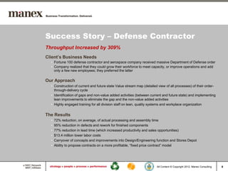 Success Story – Defense Contractor
Throughput Increased by 309%
Client’s Business Needs
  • Fortune 100 defense contractor and aerospace company received massive Department of Defense order
  • Company realized that they could grow their workforce to meet capacity, or improve operations and add
    only a few new employees; they preferred the latter

Our Approach
  • Construction of current and future state Value stream map (detailed view of all processes) of their order-
    through-delivery cycle
  • Identification of gaps and non-value added activities (between current and future state) and implementing
    lean improvements to eliminate the gap and the non-value added activities
  • Highly engaged training for all division staff on lean, quality systems and workplace organization


The Results
  •   72% reduction, on average, of actual processing and assembly time
  •   95% reduction in defects and rework for finished components
  •   77% reduction in lead time (which increased productivity and sales opportunities)
  •   $13.4 million lower labor costs
  •   Carryover of concepts and improvements into Design/Engineering function and Stores Depot
  •   Ability to propose contracts on a more profitable, “fixed price contract” model




                                                                       All Content © Copyright 2012, Manex Consulting   8
 