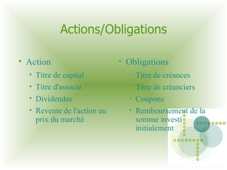 Actions/Obligations Action Titre de capital Titre d'associé Dividendes Revente de l'action au prix du marché Obligations Titre de créances Titre de créanciers Coupons Remboursement de la somme investi initialement 