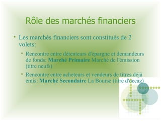 Rôle des marchés financiers Les marchés financiers sont constitués de 2 volets:  Rencontre entre détenteurs d'épargne et demandeurs de fonds:  Marché Primaire  Marché de l'émission (titre neufs)‏ Rencontre entre acheteurs et vendeurs de titres déjà émis:  Marché Secondaire  La Bourse (titre d'occaz)‏ 