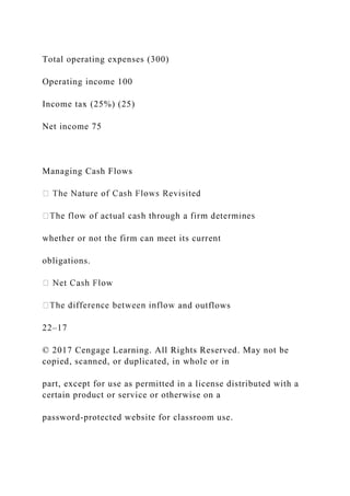 Total operating expenses (300)
Operating income 100
Income tax (25%) (25)
Net income 75
Managing Cash Flows
whether or not the firm can meet its current
obligations.
and outflows
22–17
© 2017 Cengage Learning. All Rights Reserved. May not be
copied, scanned, or duplicated, in whole or in
part, except for use as permitted in a license distributed with a
certain product or service or otherwise on a
password-protected website for classroom use.
 