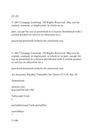 22–29
© 2017 Cengage Learning. All Rights Reserved. May not be
copied, scanned, or duplicated, in whole or in
part, except for use as permitted in a license distributed with a
certain product or service or otherwise on a
password-protected website for classroom use.
© 2017 Cengage Learning. All Rights Reserved. May not be
copied, scanned, or duplicated, in whole or in part, except for
use as permitted in a license distributed with a certain product
or service or otherwise on a
password-protected website for classroom use.
An Accounts Payable Timetable for Terms of 3/10, Net 30
Annualized
interest rate
discount%Cash-100
%discount Cash
x
perioddiscount Cash-periodNet
yearinDays
=
3-100
 