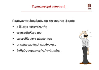 Εξήγηση της συμπεριφοράς
Παράγοντες διαμόρφωσης της συμπεριφοράς:
• ο ίδιος ο καταναλωτής
• το περιβάλλον του
• τα ερεθίσματα μάρκετινγκ
• οι περιστασιακοί παράγοντες
• βαθμός συμμετοχής / ανάμειξης
Συμπεριφορά αγοραστή
 
