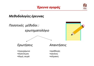 Μεθοδολογίες έρευνας
Ποσοτικές μέθοδοι :
ερωτηματολόγιο
Ερωτήσεις
•περιεχόμενο
•διατύπωση
•δομή, σειρά
Απαντήσεις
•πρόβλεψη
•κανόνες
•κλίμακες
Έρευνα αγοράς
 