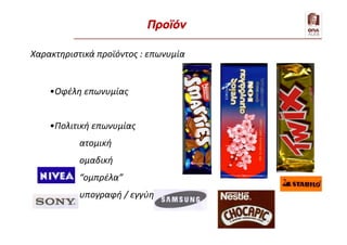 Χαρακτηριστικά προϊόντος : επωνυμία
•Οφέλη επωνυμίας
•Πολιτική επωνυμίας
ατομική
ομαδική
“ομπρέλα”
υπογραφή / εγγύηση
Προϊόν
 