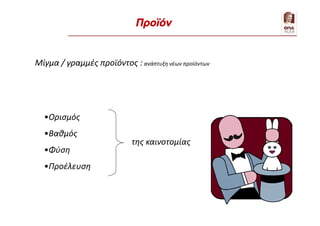 Μίγμα / γραμμές προϊόντος : ανάπτυξη νέων προϊόντων
•Ορισμός
•Βαθμός
•Φύση
•Προέλευση
της καινοτομίας
Προϊόν
 