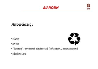 Αποφάσεις :
•εύρος
•μήκος
•“ένταση” : εντατική, επιλεκτική (εκλεκτική), αποκλειστική
•εξειδίκευση
ΔΙΑΝΟΜΗ
 