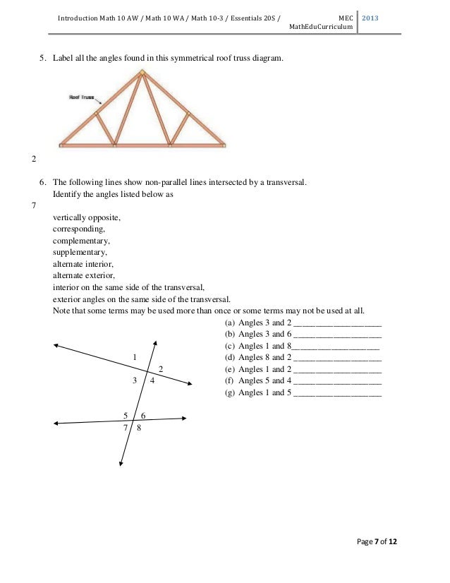 Introduction Math 10 AW / Math 10 WA / Math 10-3 / Essentials 20S