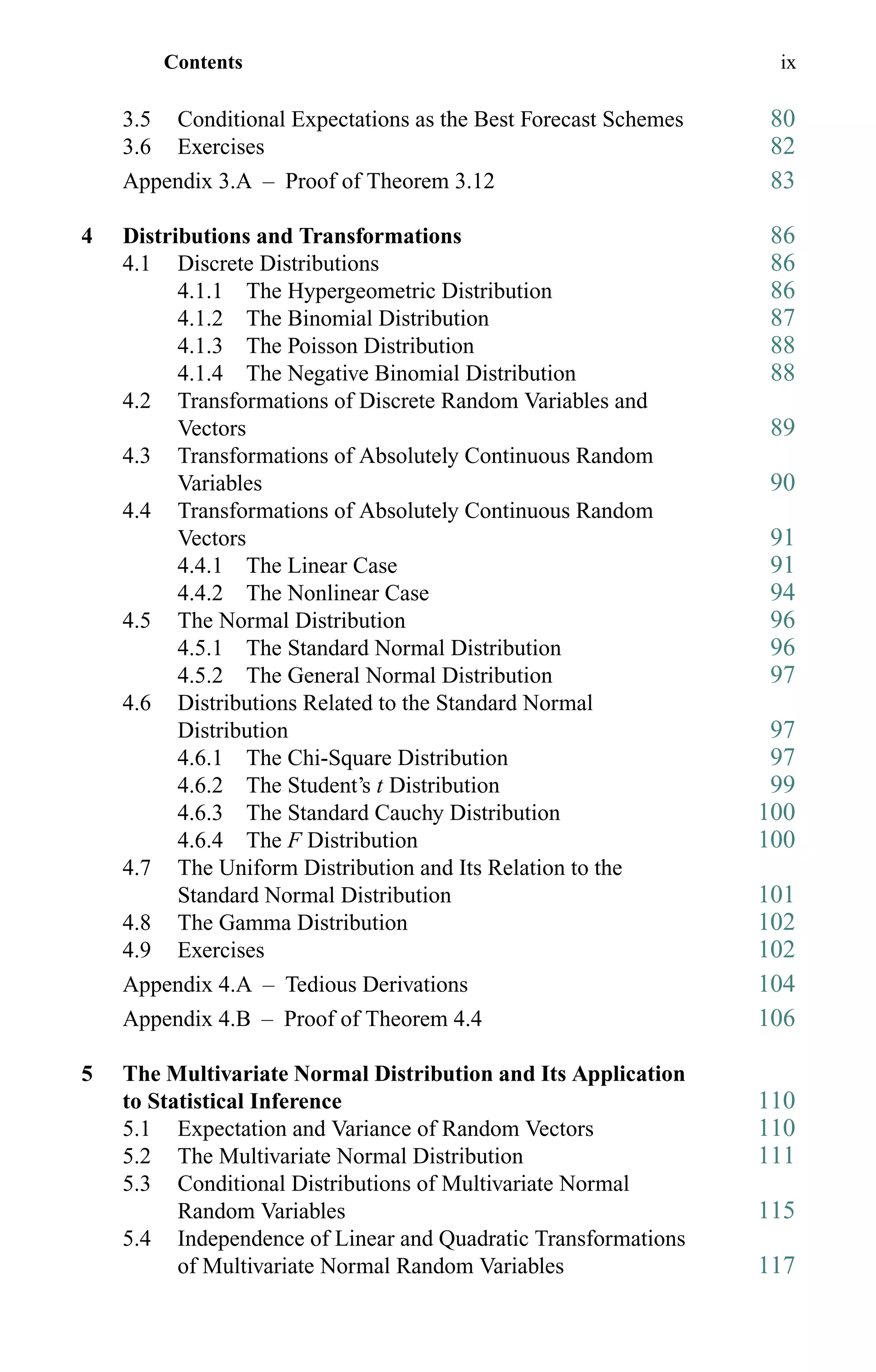 Contents ix
3.5 Conditional Expectations as the Best Forecast Schemes 80
3.6 Exercises 82
Appendix 3.A – Proof of Theorem 3.12 83
4 Distributions and Transformations 86
4.1 Discrete Distributions 86
4.1.1 The Hypergeometric Distribution 86
4.1.2 The Binomial Distribution 87
4.1.3 The Poisson Distribution 88
4.1.4 The Negative Binomial Distribution 88
4.2 Transformations of Discrete Random Variables and
Vectors 89
4.3 Transformations of Absolutely Continuous Random
Variables 90
4.4 Transformations of Absolutely Continuous Random
Vectors 91
4.4.1 The Linear Case 91
4.4.2 The Nonlinear Case 94
4.5 The Normal Distribution 96
4.5.1 The Standard Normal Distribution 96
4.5.2 The General Normal Distribution 97
4.6 Distributions Related to the Standard Normal
Distribution 97
4.6.1 The Chi-Square Distribution 97
4.6.2 The Student’s t Distribution 99
4.6.3 The Standard Cauchy Distribution 100
4.6.4 The F Distribution 100
4.7 The Uniform Distribution and Its Relation to the
Standard Normal Distribution 101
4.8 The Gamma Distribution 102
4.9 Exercises 102
Appendix 4.A – Tedious Derivations 104
Appendix 4.B – Proof of Theorem 4.4 106
5 The Multivariate Normal Distribution and Its Application
to Statistical Inference 110
5.1 Expectation and Variance of Random Vectors 110
5.2 The Multivariate Normal Distribution 111
5.3 Conditional Distributions of Multivariate Normal
Random Variables 115
5.4 Independence of Linear and Quadratic Transformations
of Multivariate Normal Random Variables 117
 