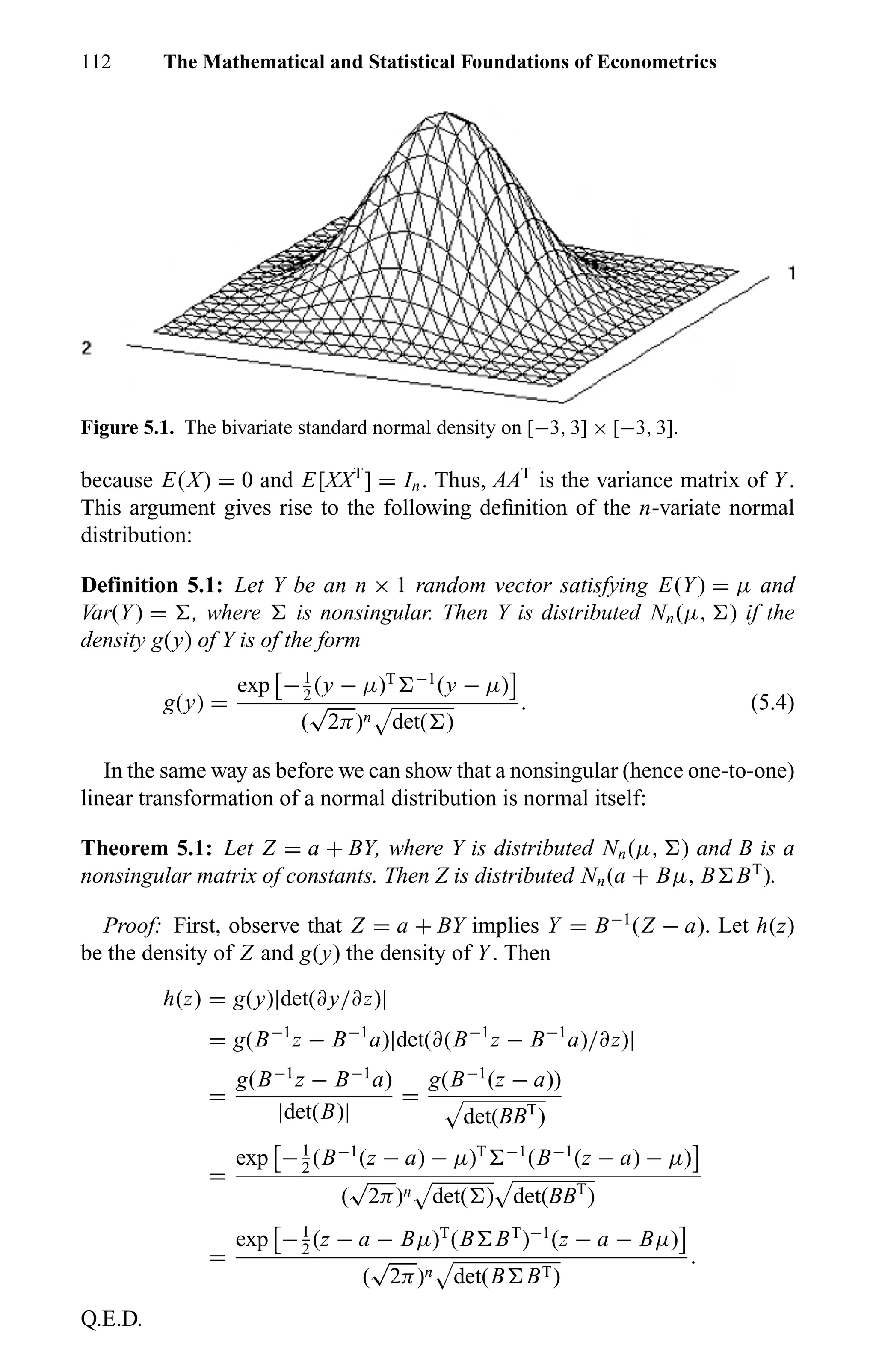 112 The Mathematical and Statistical Foundations of Econometrics
Figure 5.1. The bivariate standard normal density on [−3, 3] × [−3, 3].
because E(X) = 0 and E[XXT
] = In. Thus, AAT
is the variance matrix of Y.
This argument gives rise to the following deﬁnition of the n-variate normal
distribution:
Definition 5.1: Let Y be an n × 1 random vector satisfying E(Y) = µ and
Var(Y) = , where is nonsingular. Then Y is distributed Nn(µ, ) if the
density g(y) of Y is of the form
g(y) =
exp −1
2
(y − µ)T −1
(y − µ)
(
√
2π)n det( )
. (5.4)
In the same way as before we can show that a nonsingular (hence one-to-one)
linear transformation of a normal distribution is normal itself:
Theorem 5.1: Let Z = a + BY, where Y is distributed Nn(µ, ) and B is a
nonsingular matrix of constants. Then Z is distributed Nn(a + Bµ, B BT
).
Proof: First, observe that Z = a + BY implies Y = B−1
(Z − a). Let h(z)
be the density of Z and g(y) the density of Y. Then
h(z) = g(y)|det(∂y/∂z)|
= g(B−1
z − B−1
a)|det(∂(B−1
z − B−1
a)/∂z)|
=
g(B−1
z − B−1
a)
|det(B)|
=
g(B−1
(z − a))
det(BBT
)
=
exp −1
2
(B−1
(z − a) − µ)T −1
(B−1
(z − a) − µ)
(
√
2π)n det( ) det(BBT
)
=
exp −1
2
(z − a − Bµ)T
(B BT
)−1
(z − a − Bµ)
(
√
2π)n det(B BT)
.
Q.E.D.
 