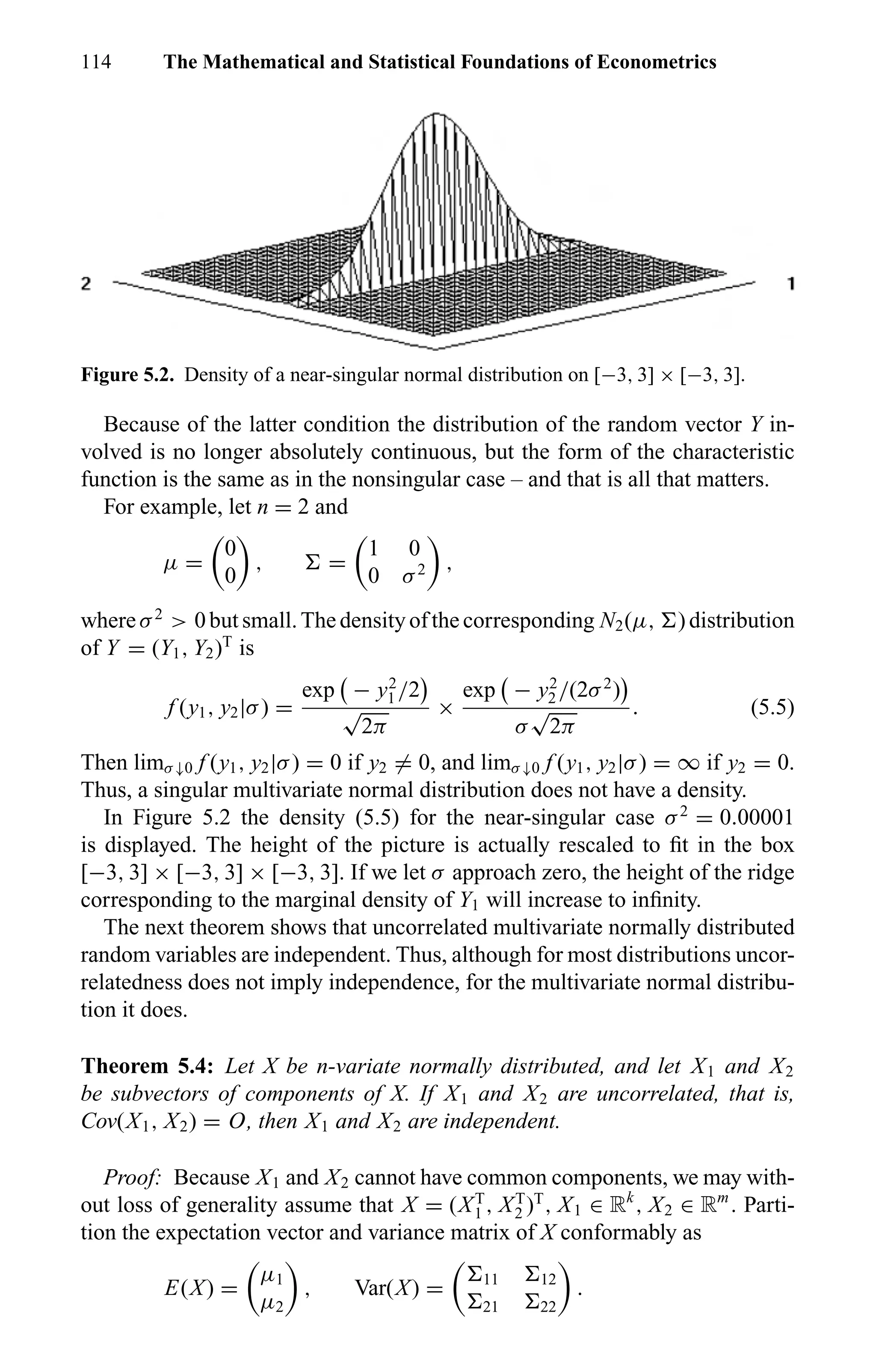 114 The Mathematical and Statistical Foundations of Econometrics
Figure 5.2. Density of a near-singular normal distribution on [−3, 3] × [−3, 3].
Because of the latter condition the distribution of the random vector Y in-
volved is no longer absolutely continuous, but the form of the characteristic
function is the same as in the nonsingular case – and that is all that matters.
For example, let n = 2 and
µ =
0
0
, =
1 0
0 σ2 ,
whereσ2
> 0butsmall.Thedensityofthecorresponding N2(µ, )distribution
of Y = (Y1, Y2)T
is
f (y1, y2|σ) =
exp − y2
1 /2
√
2π
×
exp − y2
2 /(2σ2
)
σ
√
2π
. (5.5)
Then limσ↓0 f (y1, y2|σ) = 0 if y2 = 0, and limσ↓0 f (y1, y2|σ) = ∞ if y2 = 0.
Thus, a singular multivariate normal distribution does not have a density.
In Figure 5.2 the density (5.5) for the near-singular case σ2
= 0.00001
is displayed. The height of the picture is actually rescaled to ﬁt in the box
[−3, 3] × [−3, 3] × [−3, 3]. If we let σ approach zero, the height of the ridge
corresponding to the marginal density of Y1 will increase to inﬁnity.
The next theorem shows that uncorrelated multivariate normally distributed
random variables are independent. Thus, although for most distributions uncor-
relatedness does not imply independence, for the multivariate normal distribu-
tion it does.
Theorem 5.4: Let X be n-variate normally distributed, and let X1 and X2
be subvectors of components of X. If X1 and X2 are uncorrelated, that is,
Cov(X1, X2) = O, then X1 and X2 are independent.
Proof: Because X1 and X2 cannot have common components, we may with-
out loss of generality assume that X = (XT
1 , XT
2 )T
, X1 ∈ Rk
, X2 ∈ Rm
. Parti-
tion the expectation vector and variance matrix of X conformably as
E(X) =
µ1
µ2
, Var(X) = 11 12
21 22
.
 