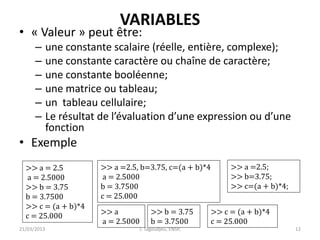 VARIABLES
• « Valeur » peut être:
– une constante scalaire (réelle, entière, complexe);
– une constante caractère ou chaîne de caractère;
– une constante booléenne;
– une matrice ou tableau;
– un tableau cellulaire;
– Le résultat de l’évaluation d’une expression ou d’une
fonction
• Exemple
21/03/2013 J. Tagoudjeu, ENSP, 12
>> a = 2.5
a = 2.5000
>> b = 3.75
b = 3.7500
>> c = (a + b)*4
c = 25.000
>> a =2.5, b=3.75, c=(a + b)*4
a = 2.5000
b = 3.7500
c = 25.000
>> a =2.5;
>> b=3.75;
>> c=(a + b)*4;
>> a
a = 2.5000
>> b = 3.75
b = 3.7500
>> c = (a + b)*4
c = 25.000
 