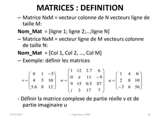 MATRICES : DEFINITION
– Matrice NxM = vecteur colonne de N vecteurs ligne de
taille M:
Nom_Mat = [ligne 1; ligne 2;…;ligne N]
– Matrice NxM = vecteur ligne de M vecteurs colonne
de taille N:
Nom_Mat = [Col 1, Col 2, …, Col M]
– Exemple: définir les matrices
- Définir la matrice complexe de partie réelle v et de
partie imaginaire u
21/03/2013 J. Tagoudjeu, ENSP 26





































 

56
6
3
10
8
2
0
4
1
7
17
3
87
5
.
0
15
9
9
11
0
6
7
.
2
12
1
12
8
6
.
5
10
5
4
5
1
0
u
i
w
v

 