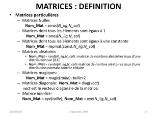 MATRICES : DEFINITION
• Matrices particulières
– Matrices Nulles
Nom_Mat = zeros(N_lig,N_col)
– Matrices dont tous les éléments sont égaux à 1
Nom_Mat = ones(N_lig,N_col)
– Matrices dont tous les éléments sont égaux à une constante
Nom_Mat = repmat(const,N_lig,N_col)
– Matrices aléatoires
• Nom_Mat = rand(N_lig,N_col) : matrice de nombres aléatoires issus d’une
distribution sur ]0,1[
• Nom_Mat = randn(N_lig,N_col): matrice de nombre aléatoires issus d’une
distribution normale centrée réduite
– Matrices magiques:
Nom_Mat = magic(taille): taille>2
– Matrices diagonale: Nom_Mat = diag(vect)
vect est le vecteur diagonale de la matrice.
– Matrice identité:
Nom_Mat = eye(taille), Nom_Mat = eye(N_lig,N_col)
21/03/2013 J. Tagoudjeu, ENSP 27
 