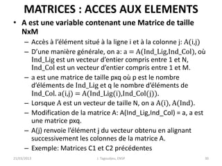 MATRICES : ACCES AUX ELEMENTS
• A est une variable contenant une Matrice de taille
NxM
– Accès à l’élément situé à la ligne i et à la colonne j: A(i,j)
– D’une manière générale, on a: a = A(Ind_Lig,Ind_Col), où
Ind_Lig est un vecteur d’entier compris entre 1 et N,
Ind_Col est un vecteur d’entier compris entre 1 et M.
– a est une matrice de taille pxq où p est le nombre
d’éléments de Ind_Lig et q le nombre d’éléments de
Ind_Col. a(i,j) = A(Ind_Lig(i),Ind_Col(j)).
– Lorsque A est un vecteur de taille N, on a A(i), A(Ind).
– Modification de la matrice A: A(Ind_Lig,Ind_Col) = a, a est
une matrice pxq.
– A(j) renvoie l’élément j du vecteur obtenu en alignant
successivement les colonnes de la matrice A.
– Exemple: Matrices C1 et C2 précédentes
21/03/2013 J. Tagoudjeu, ENSP 30
 