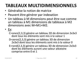 TABLEAUX MULTIDIMENSIONNELS
• Généralise la notion de matrice
• Peuvent être générer par indexation
• Un tableau à M dimensions peut être vue comme
un tableau à M1 dimensions de tableaux à M2
dimensions avec M=M1+M2.
• Ex:
C=ones(2,3,3) génère un tableau 3D de dimension 2x3x3
dont tous les éléments sont mis à la valeur 1
D=zeros(2,3,3) génère un tableau 3D de dimension
2x3x3 dont tous les éléments sont mis à la valeur 0
E=rand(2,3,3) génère un tableau 3D de dimension 2x3x3
dont les éléments auront une valeur aléatoire
comprise entre 0 et 1
21/03/2013 J. Tagoudjeu, ENSP 39
 