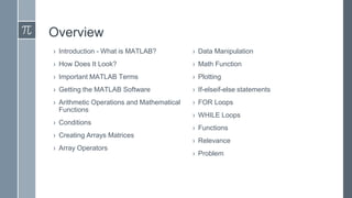 Overview
› Introduction - What is MATLAB?
› How Does It Look?
› Important MATLAB Terms
› Getting the MATLAB Software
› Arithmetic Operations and Mathematical
Functions
› Conditions
› Creating Arrays Matrices
› Array Operators
› Data Manipulation
› Math Function
› Plotting
› If-elseif-else statements
› FOR Loops
› WHILE Loops
› Functions
› Relevance
› Problem
 