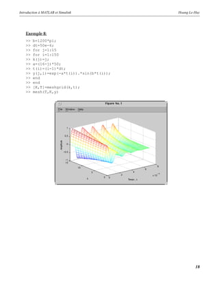 Introduction à MATLAB et Simulink Hoang Le-Huy
18
Exemple 8:
>> b=1200*pi;
>> dt=50e-6;
>> for j=1:15
>> for i=1:150
>> k(j)=j;
>> a=(16-j)*50;
>> t(i)=(i-1)*dt;
>> y(j,i)=exp(-a*t(i)).*sin(b*t(i));
>> end
>> end
>> [K,T]=meshgrid(k,t);
>> mesh(T,K,y)
 