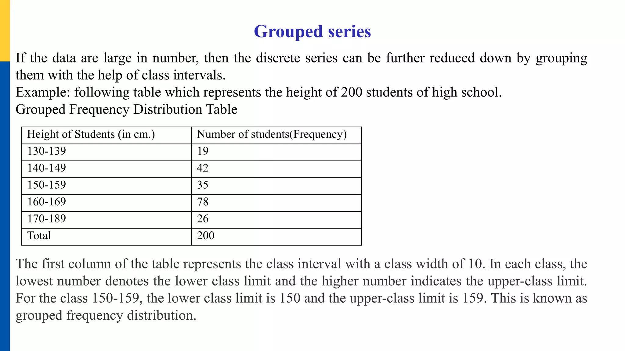 Grouped series
If the data are large in number, then the discrete series can be further reduced down by grouping
them with the help of class intervals.
Example: following table which represents the height of 200 students of high school.
Grouped Frequency Distribution Table
The first column of the table represents the class interval with a class width of 10. In each class, the
lowest number denotes the lower class limit and the higher number indicates the upper-class limit.
For the class 150-159, the lower class limit is 150 and the upper-class limit is 159. This is known as
grouped frequency distribution.
Height of Students (in cm.) Number of students(Frequency)
130-139 19
140-149 42
150-159 35
160-169 78
170-189 26
Total 200
 