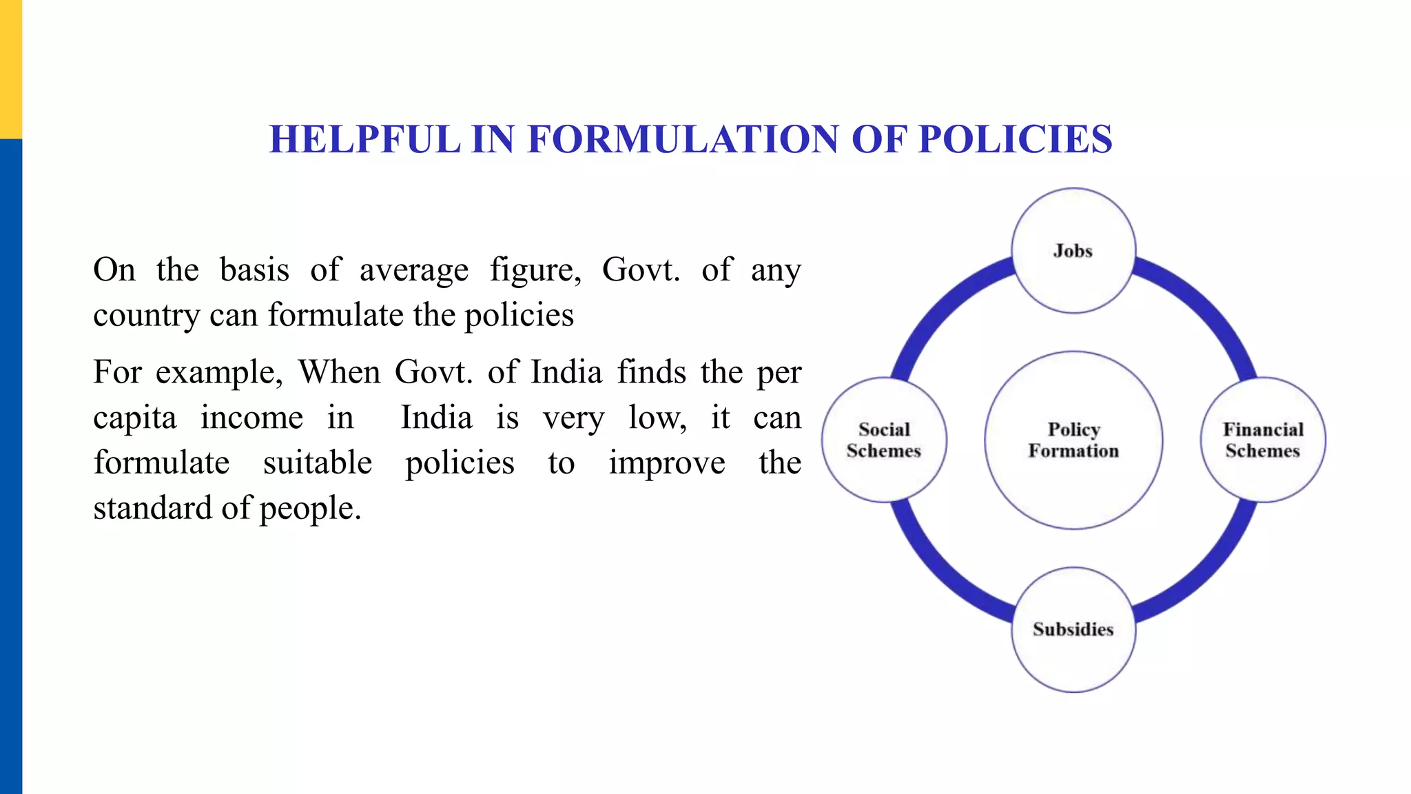 HELPFUL IN FORMULATION OF POLICIES
On the basis of average figure, Govt. of any
country can formulate the policies
For example, When Govt. of India finds the per
capita income in India is very low, it can
formulate suitable policies to improve the
standard of people.
 