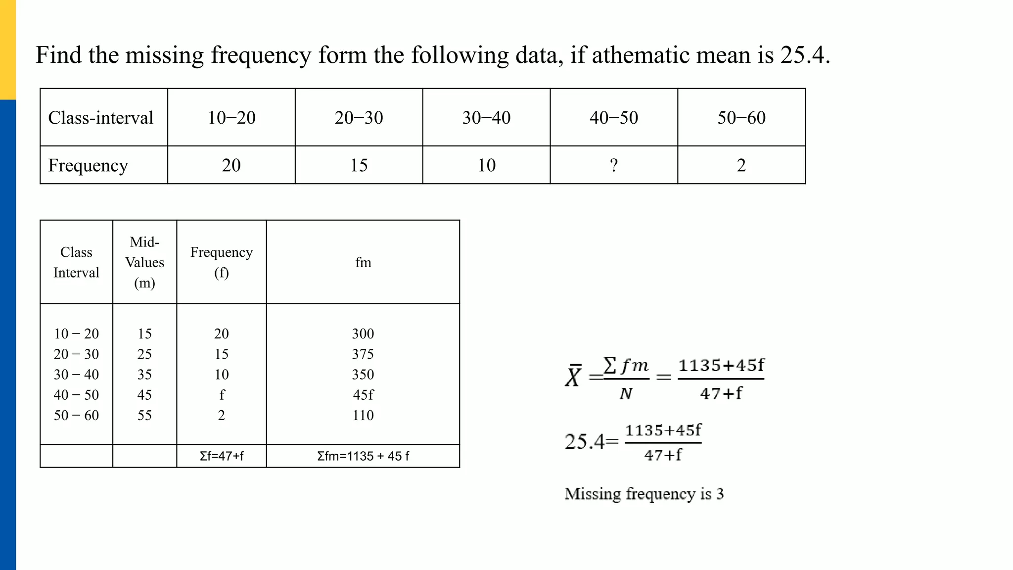 Find the missing frequency form the following data, if athematic mean is 25.4.
Class-interval 10−20 20−30 30−40 40−50 50−60
Frequency 20 15 10 ? 2
Class
Interval
Mid-
Values
(m)
Frequency
(f)
fm
10 − 20
20 − 30
30 − 40
40 − 50
50 − 60
15
25
35
45
55
20
15
10
f
2
300
375
350
45f
110
Σf=47+f Σfm=1135 + 45 f
 