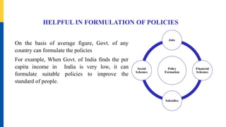 HELPFUL IN FORMULATION OF POLICIES
On the basis of average figure, Govt. of any
country can formulate the policies
For example, When Govt. of India finds the per
capita income in India is very low, it can
formulate suitable policies to improve the
standard of people.
 