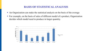 BASIS OF STATISTICALANALYSIS
 An Organization can make the statistical analysis on the basis of the average
 For example, on the basis of sales of different model of a product, Organization
decides which model need to produce in larger quantity.
 