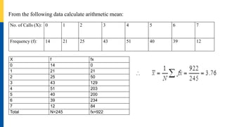 From the following data calculate arithmetic mean:
No. of Calls (X): 0 1 2 3 4 5 6 7
Frequency (f): 14 21 25 43 51 40 39 12
X f fx
0 14 0
1 21 21
2 25 50
3 43 129
4 51 203
5 40 200
6 39 234
7 12 84
Total N=245 fx=922
 