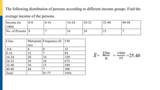 The following distribution of persons according to different income groups. Find the
average income of the persons.
Income (in
1000)
0-8 8-16 16-24 24-32 32-40 40-48
No. of Persons 8 7 16 24 15 7
Class Mid-point
(m)
Frequency (f) f M
0-8 4 8 32
8-16 12 7 84
16-24 20 16 320
24-32 28 24 672
32-40 36 15 540
40-48 44 7 308
Total N=77 1956
 