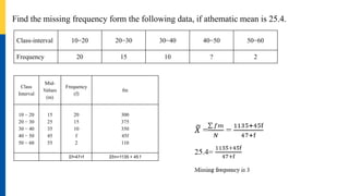 Find the missing frequency form the following data, if athematic mean is 25.4.
Class-interval 10−20 20−30 30−40 40−50 50−60
Frequency 20 15 10 ? 2
Class
Interval
Mid-
Values
(m)
Frequency
(f)
fm
10 − 20
20 − 30
30 − 40
40 − 50
50 − 60
15
25
35
45
55
20
15
10
f
2
300
375
350
45f
110
Σf=47+f Σfm=1135 + 45 f
 