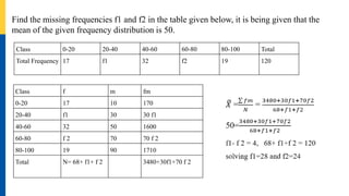 Find the missing frequencies f1 and f2 in the table given below, it is being given that the
mean of the given frequency distribution is 50.
Class 0-20 20-40 40-60 60-80 80-100 Total
Total Frequency 17 f1 32 f2 19 120
Class f m fm
0-20 17 10 170
20-40 f1 30 30 f1
40-60 32 50 1600
60-80 f 2 70 70 f 2
80-100 19 90 1710
Total N= 68+ f1+ f 2 3480+30f1+70 f 2
 