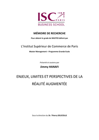 MÉMOIRE DE RECHERCHE
Pour obtenir le grade de MASTER délivré par
L’Institut Supérieur de Commerce de Paris
Master Manageme...