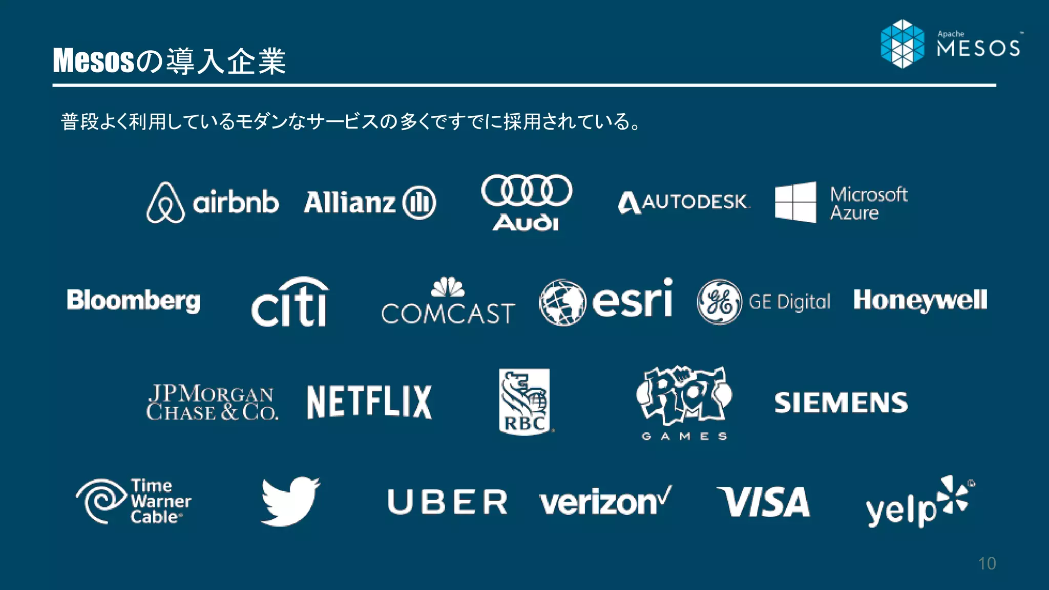 Mesosの導入企業
10
普段よく利用しているモダンなサービスの多くですでに採用されている。
 