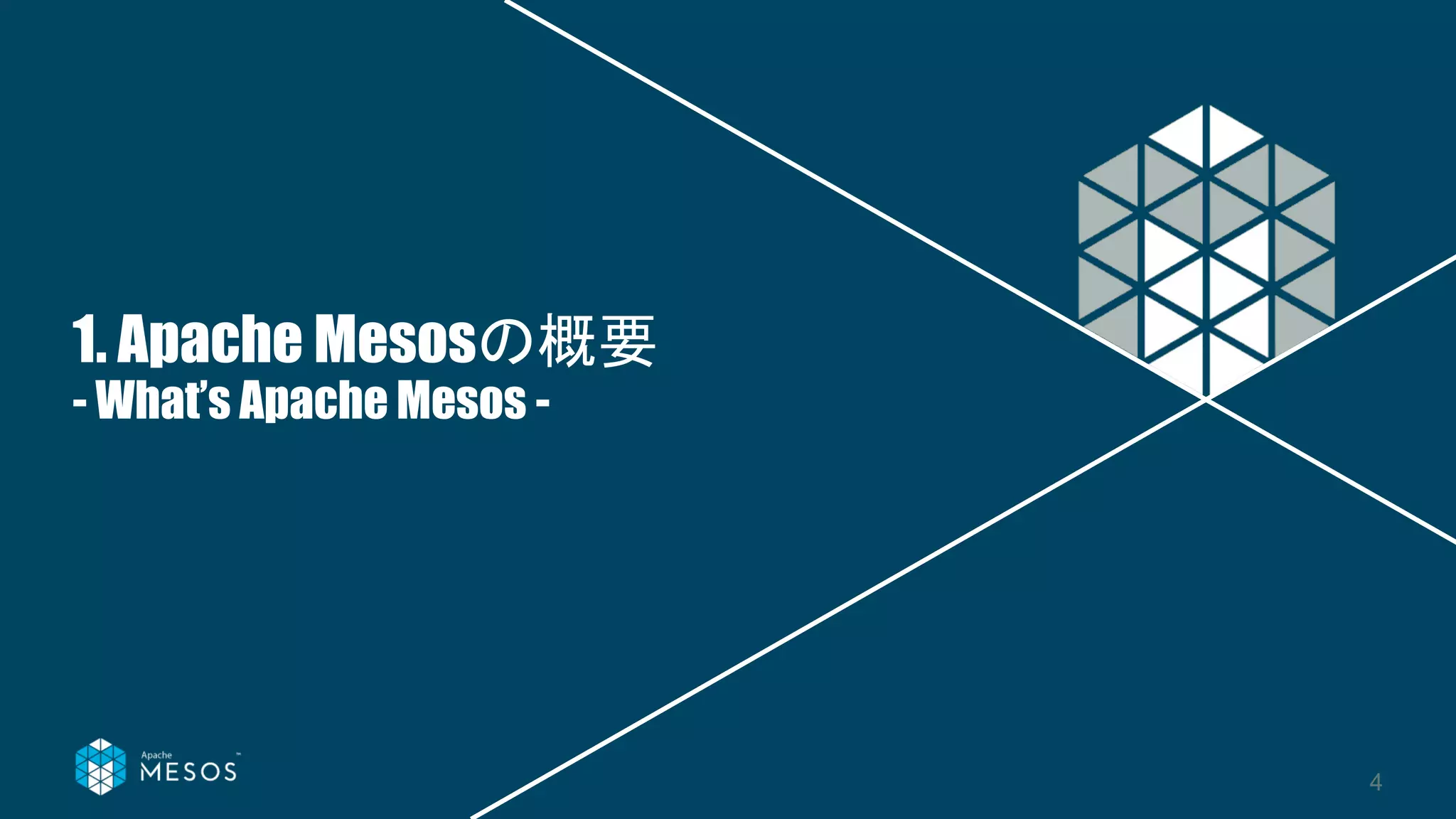 1. Apache Mesosの概要
- What’s Apache Mesos -
4
 