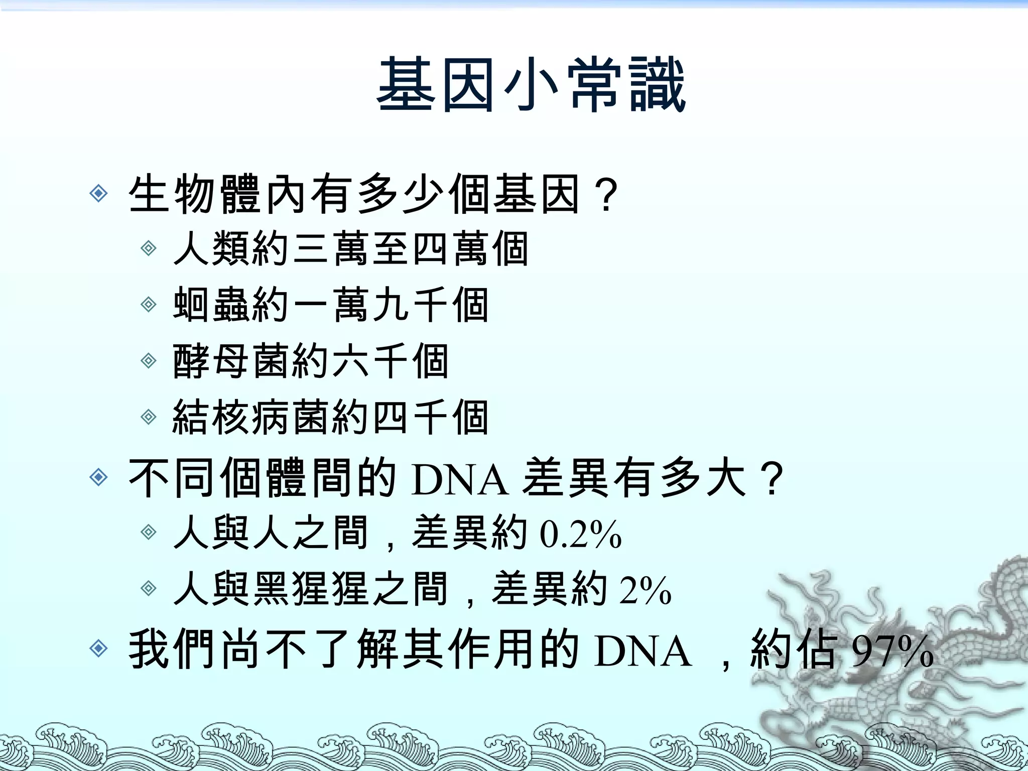基因小常識 生物體內有多少個基因？ 人類約三萬至四萬個 蛔蟲約一萬九千個 酵母菌約六千個 結核病菌約四千個 不同個體間的 DNA 差異有多大？ 人與人之間，差異約 0.2% 人與黑猩猩之間，差異約 2% 我們尚不了解其作用的 DNA ，約佔 97% 