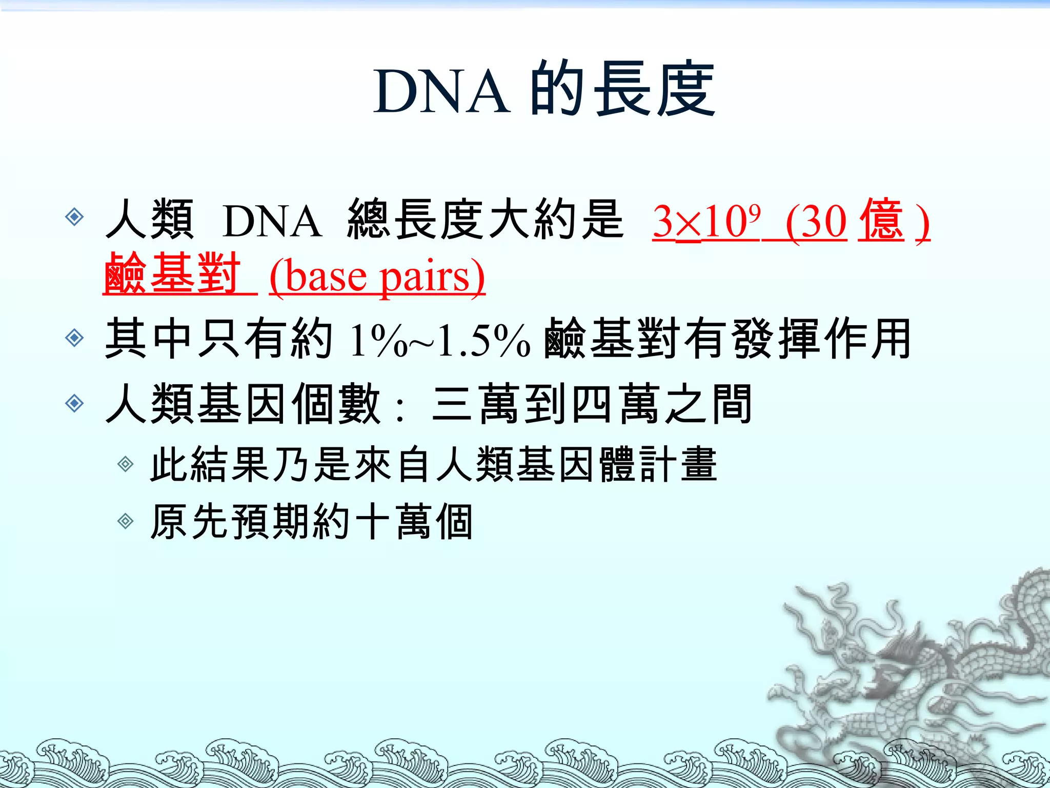 DNA 的長度 人類  DNA  總長度大約是  3  10 9   (30 億 )  鹼基對  (base pairs) 其中只有約 1%~1.5% 鹼基對有發揮作用 人類基因個數 :  三萬到四萬之間 此結果乃是來自人類基因體計畫 原先預期約十萬個 