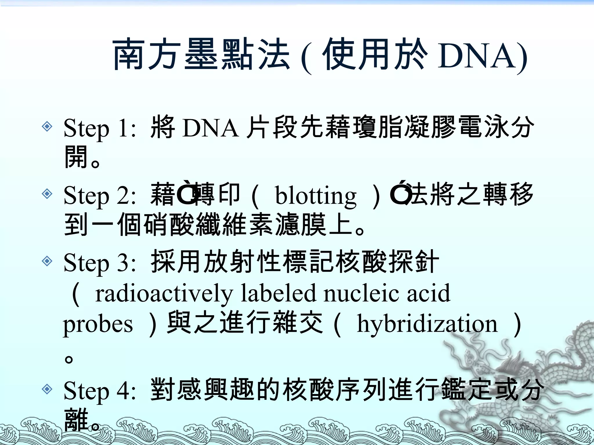 南方墨點法 ( 使用於 DNA) Step 1:  將 DNA 片段先藉瓊脂凝膠電泳分開。 Step 2:  藉“轉印（ blotting ）”法將之轉移到一個硝酸纖維素濾膜上。 Step 3:  採用放射性標記核酸探針（ radioactively labeled nucleic acid probes ）與之進行雜交（ hybridization ）。 Step 4:  對感興趣的核酸序列進行鑑定或分離。 