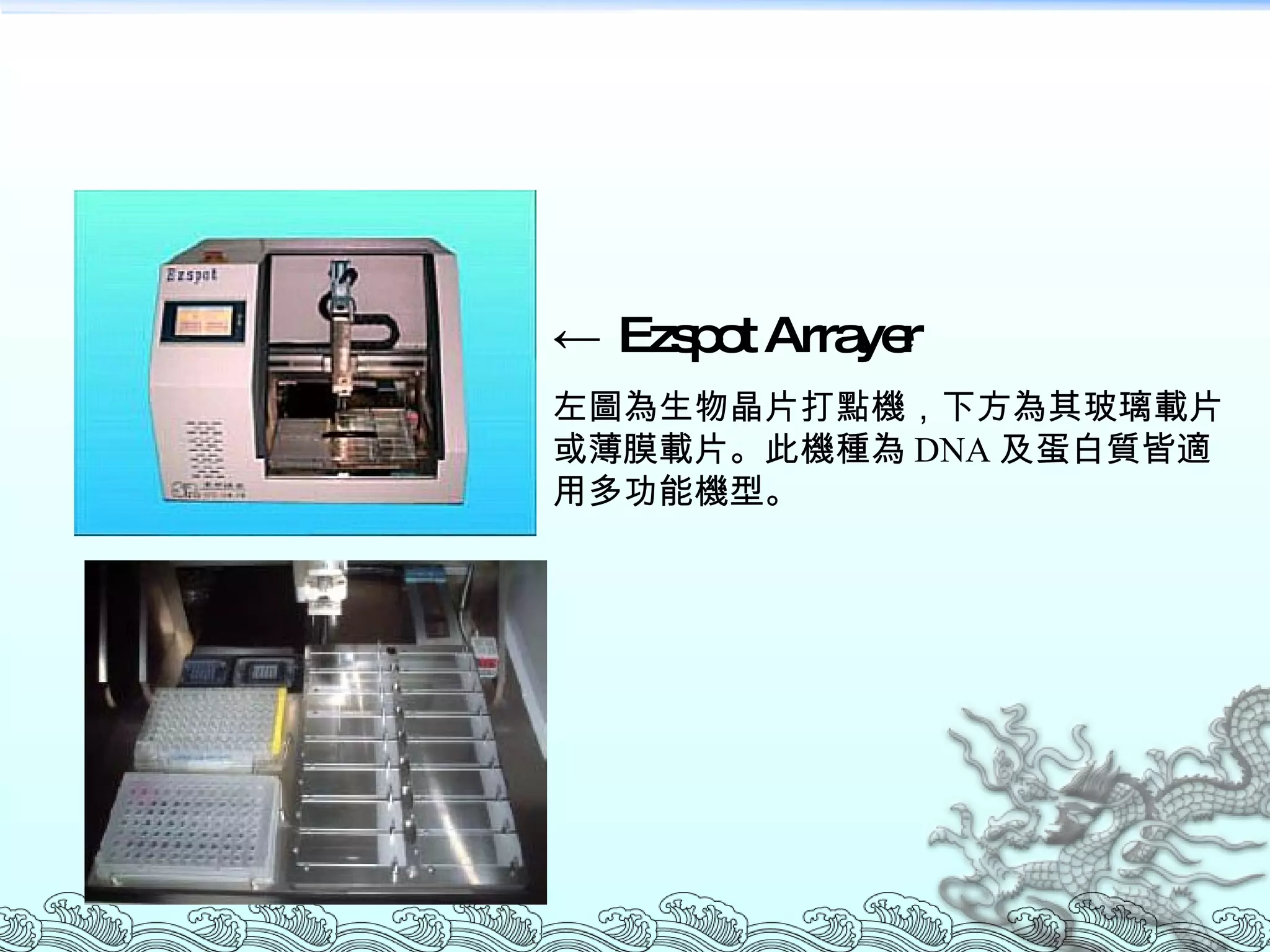 ←  Ezspot Arrayer 左圖為生物晶片打點機，下方為其玻璃載片或薄膜載片。此機種為 DNA 及蛋白質皆適用多功能機型。 