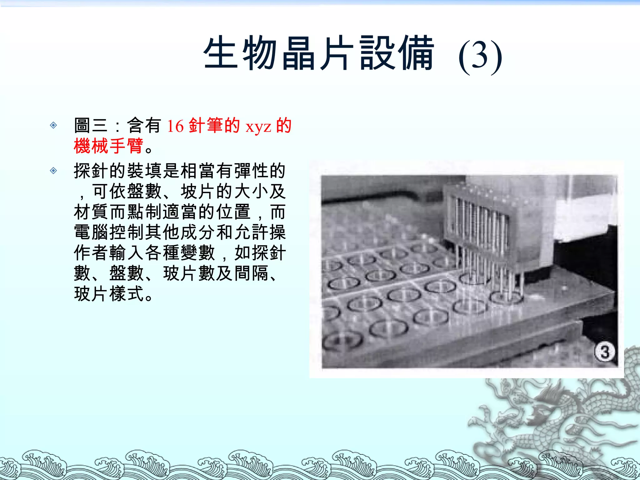 生物晶片設備  (3) 圖三：含有 16 針筆的 xyz 的機械手臂 。 探針的裝填是相當有彈性的，可依盤數、坡片的大小及材質而點制適當的位置，而電腦控制其他成分和允許操作者輸入各種變數，如探針數、盤數、玻片數及間隔、玻片樣式。 