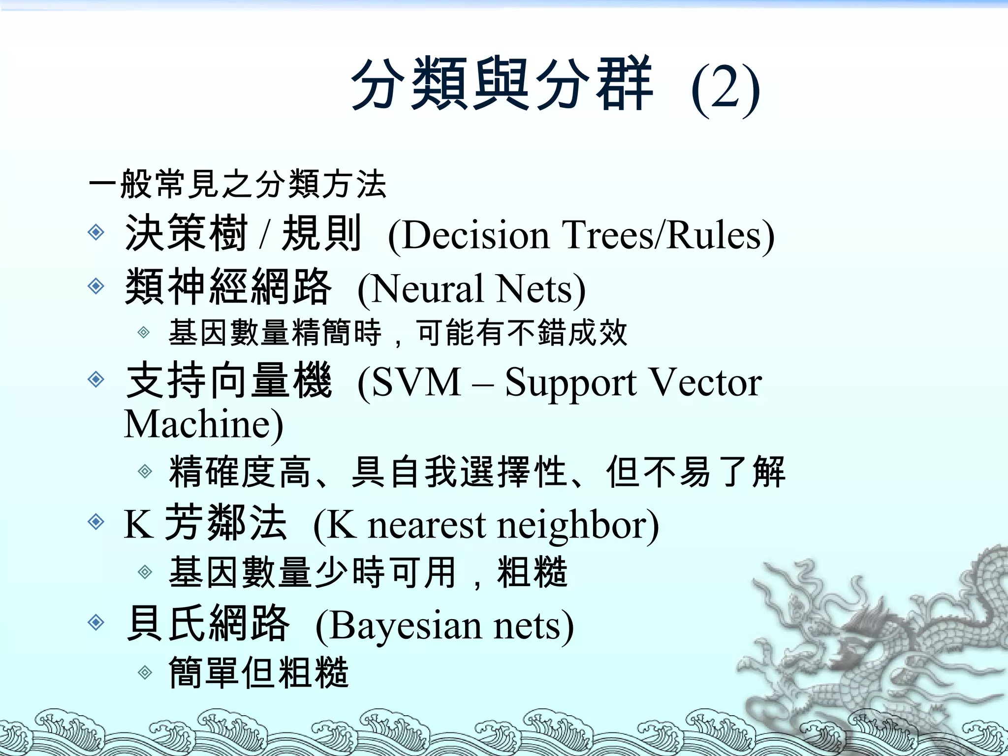 分類與分群  (2) 一般常見之分類方法 決策樹 / 規則  (Decision Trees/Rules) 類神經網路  (Neural Nets) 基因數量精簡時，可能有不錯成效 支持向量機  (SVM – Support Vector Machine) 精確度高、具自我選擇性、但不易了解 K 芳鄰法  (K nearest neighbor) 基因數量少時可用，粗糙 貝氏網路  (Bayesian nets) 簡單但粗糙 