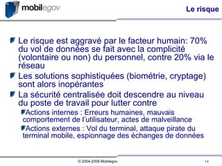 Le risque est aggravé par le facteur humain: 70% du vol de données se fait avec la complicité (volontaire ou non) du personnel, contre 20% via le réseau Les solutions sophistiquées (biométrie, cryptage) sont alors inopérantes La sécurité centralisée doit descendre au niveau du poste de travail pour lutter contre Actions internes : Erreurs humaines, mauvais comportement de l’utilisateur, actes de malveillance Actions externes : Vol du terminal, attaque pirate du terminal mobile, espionnage des échanges de données Le risque 