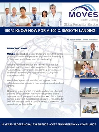 100 % KNOW-HOW FOR A 100 % SMOOTH LANDING
For Individuals, Families, Companies, Subcontractors

INTRODUCTION
MOVES counsulting is your bridge and piers that carries
your expats from immigration to organization to settling-in
to their new destination - smoothly and swiftly.
We offer relocation service and moving logistics for
international companies who are active in Germany and
Austria. Our proven processes according our relocation
timeline © can easily be adapted to each company’s
assignment policy.
We deliver a personal, sociable and approachable
relocation service to ensure your expats a smooth and soft
landing.
Our aim is to accomplish corporate staff moves efficiently
and cost effectively with minimum disruption to clients’
business, employees and their families. We offer a flexible
service to alleviate the additional pressure of relocation for
both HR manager and the transferee with a maximum cost
control and confidentiality.

30 YEARS PROFESSIONAL EXPERIENCE • COST TRANSPERANCY • COMPLIANCE

 