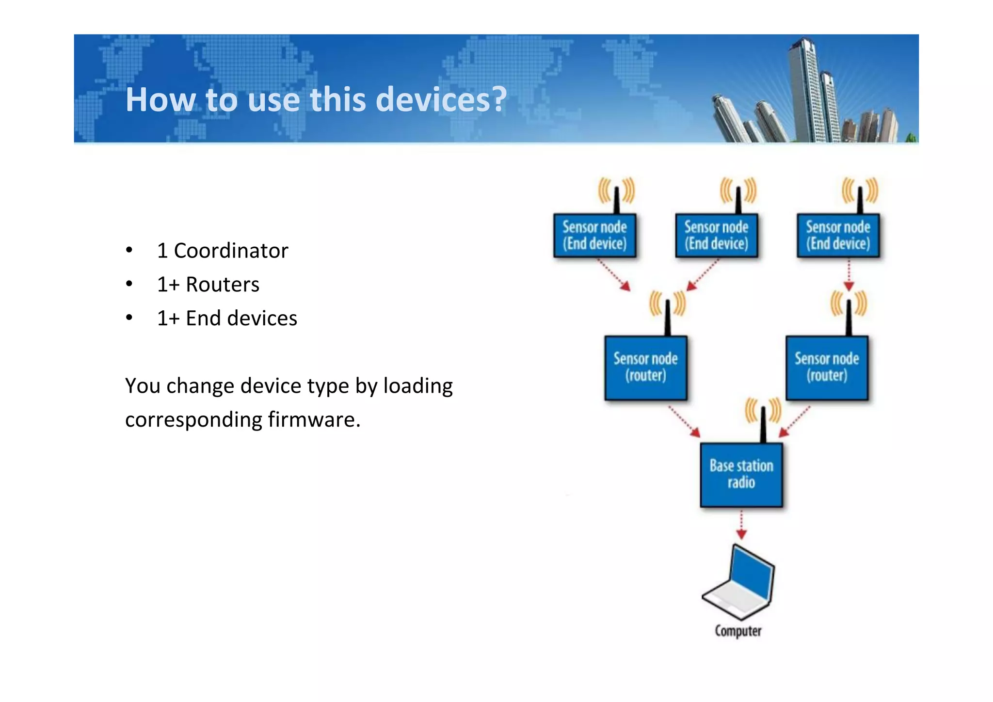How to use this devices?
• 1 Coordinator
• 1+ Routers
• 1+ End devices
You change device type by loading
corresponding firmware.
 