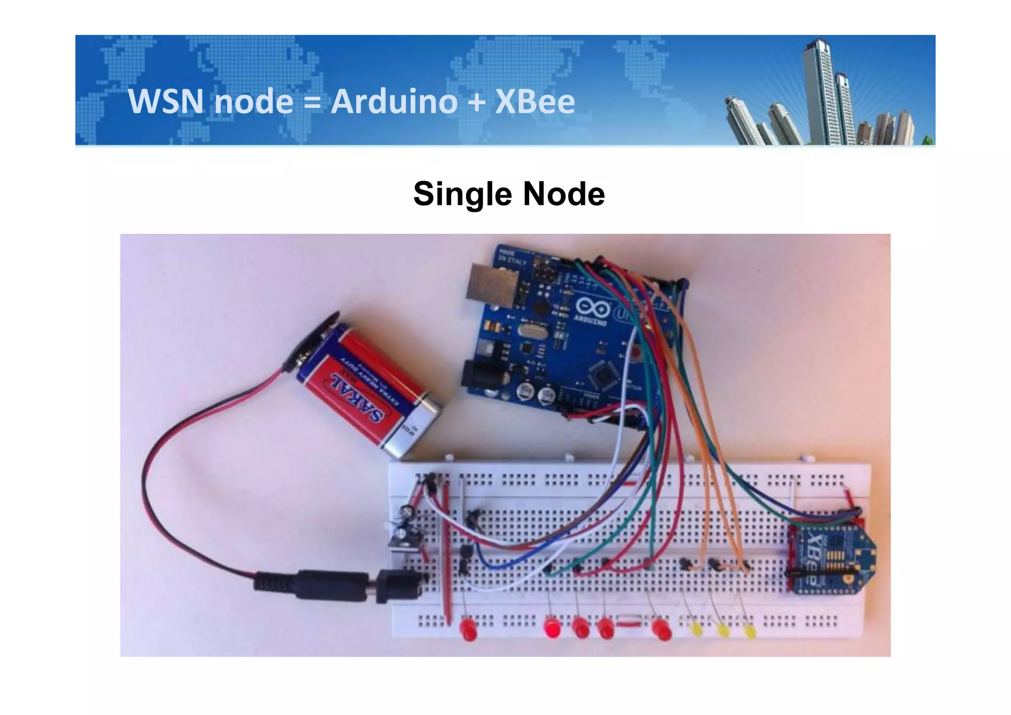 WSN node = Arduino + XBee
Single Node
 