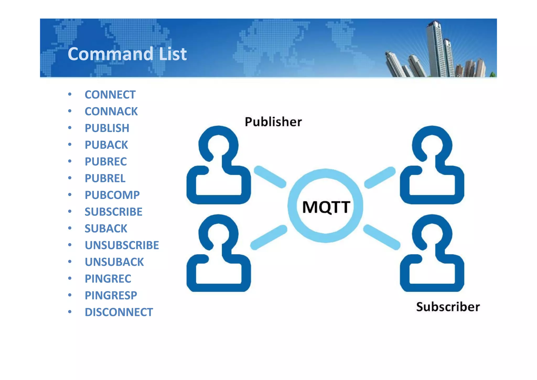 Command List
• CONNECT
• CONNACK
• PUBLISH
• PUBACK
• PUBREC
• PUBREL
• PUBCOMP
• SUBSCRIBE
• SUBACK
• UNSUBSCRIBE
• UNSUBACK
• PINGREC
• PINGRESP
• DISCONNECT
 