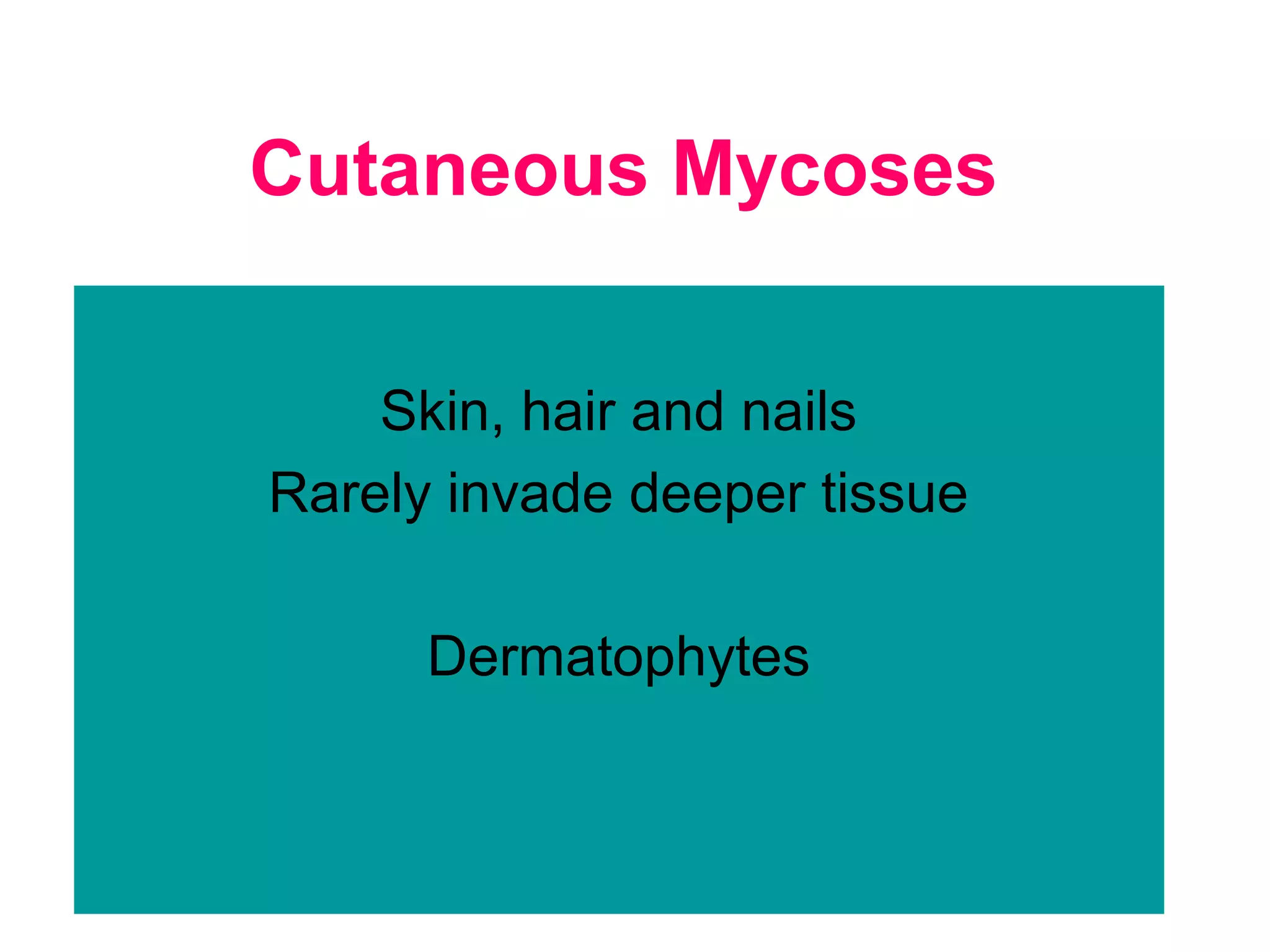 Cutaneous Mycoses
Skin, hair and nails
Rarely invade deeper tissue
Dermatophytes
 