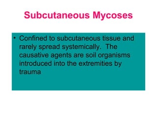 Subcutaneous Mycoses
• Confined to subcutaneous tissue and
rarely spread systemically. The
causative agents are soil organisms
introduced into the extremities by
trauma
 