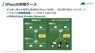 Copyright 2021 FUJITSU CLOUD TECHNOLOGIES LIMITED
IPsecの利用ケース
インターネットを介した通信をIPsecで保護し、拠点間や拠点へのリモート
アクセスを仮想専用線として利用する事が可能
=VPN(Virtual Private Network)
6
 