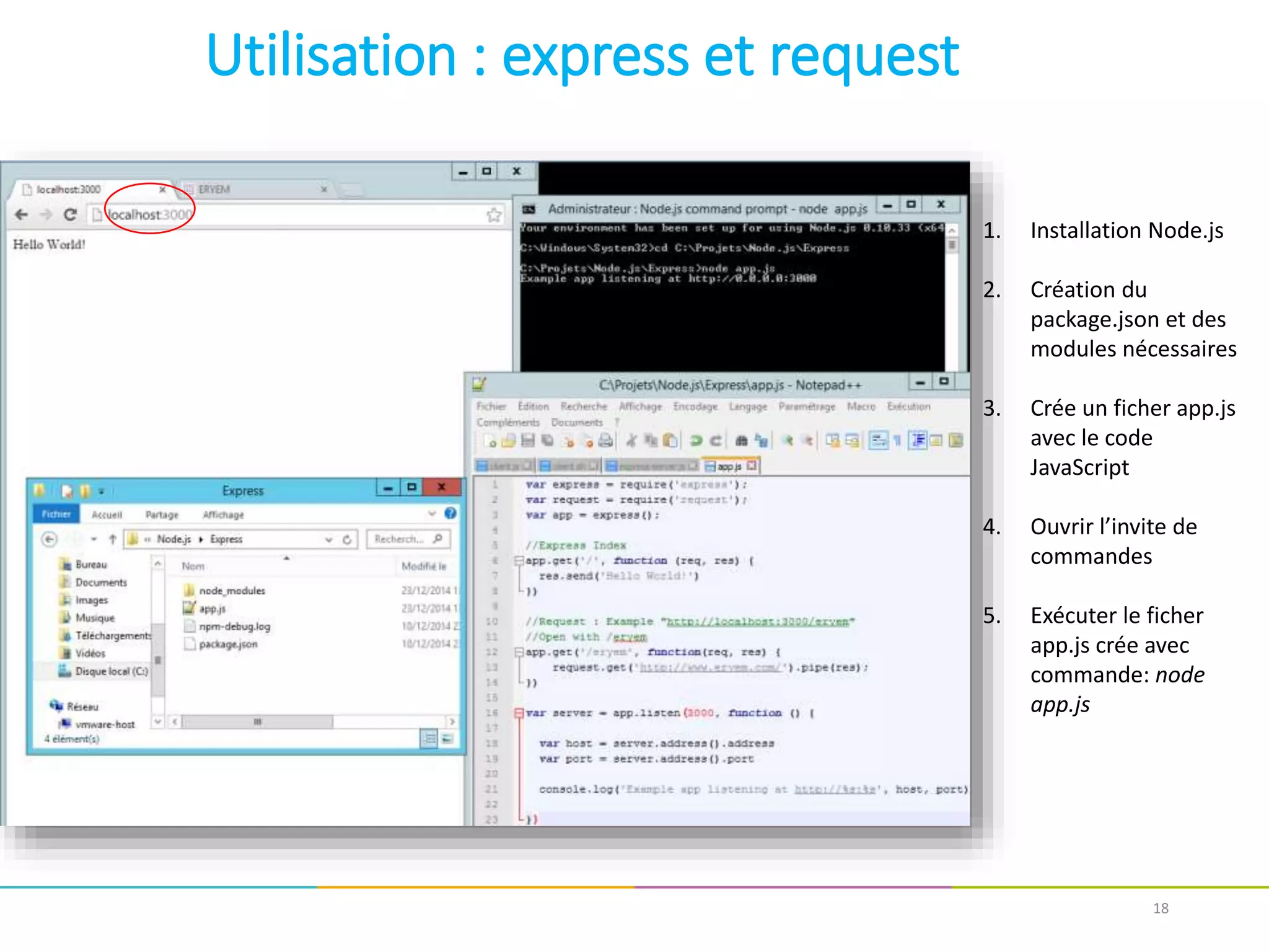 18
1. Installation Node.js
2. Création du
package.json et des
modules nécessaires
3. Crée un ficher app.js
avec le code
JavaScript
4. Ouvrir l’invite de
commandes
5. Exécuter le ficher
app.js crée avec
commande: node
app.js
Utilisation : express et request
 